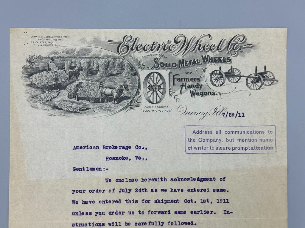 1911 ELECTRIC WHEEL Co FARM WAGON Advertising Letter QUINCY Illinois