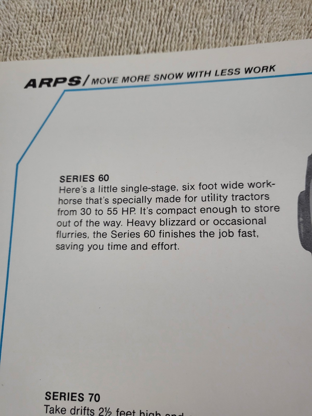 Original ARPS Series 60 70 80 Snowblowers Sales BROCHURE Tractor Rear Mount PTO
