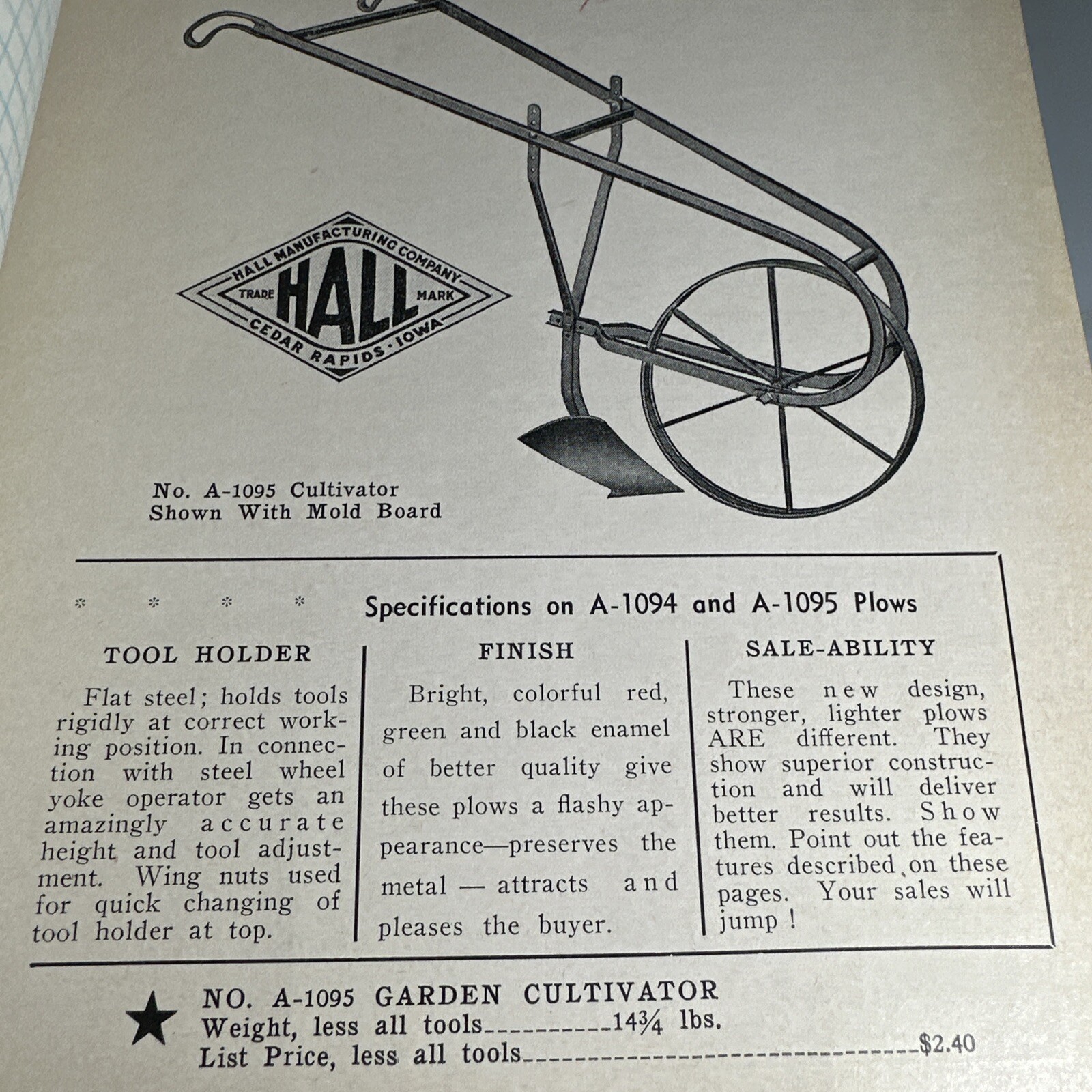 1936 catalog HALL MANUFACTURING COMPANY Cedar Rapids IOWA agricultural hardware