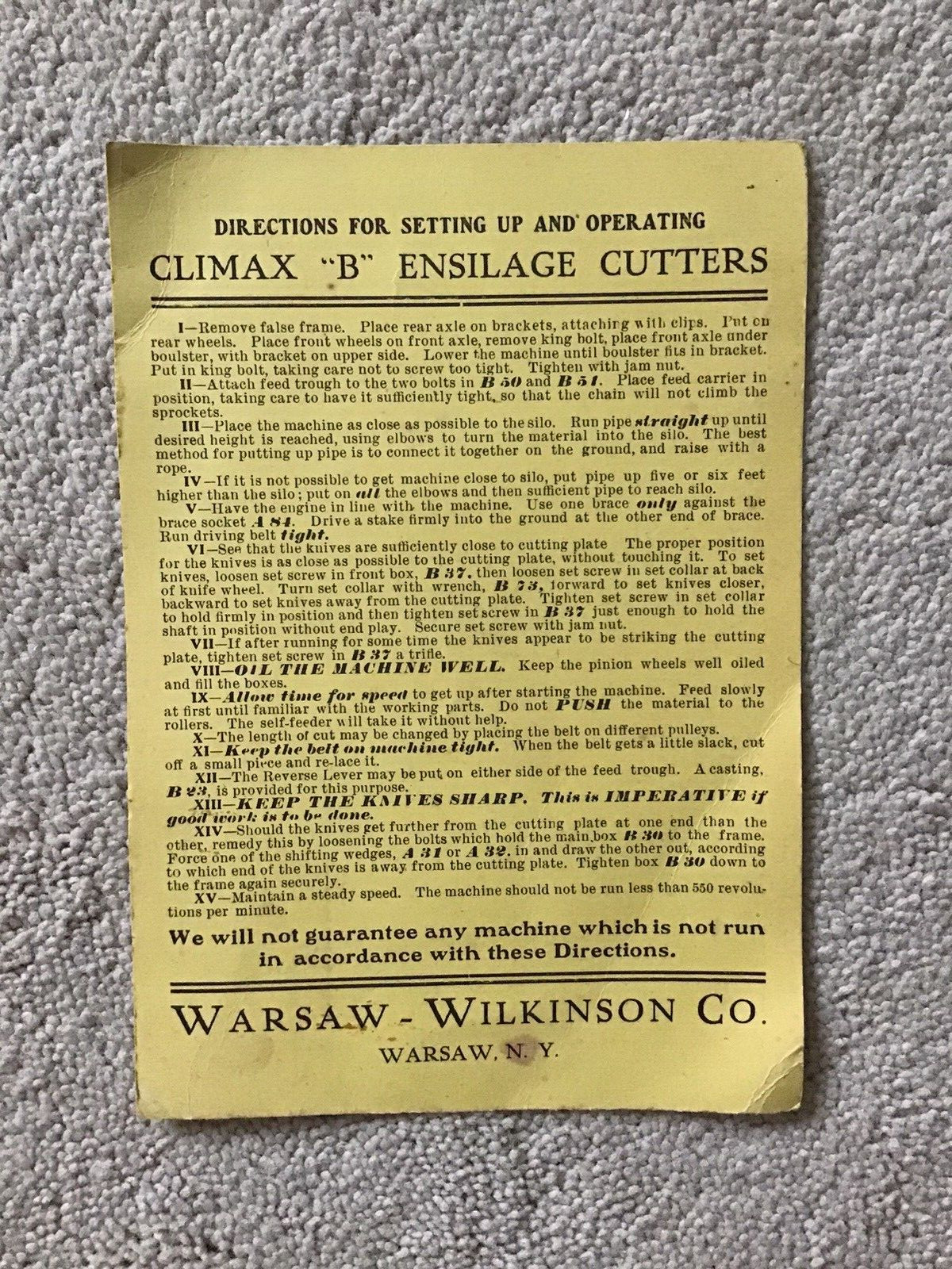 Vintage Cardboard Directions For Climax « B » Warsaw-Wilkinson Ensilage Cutters