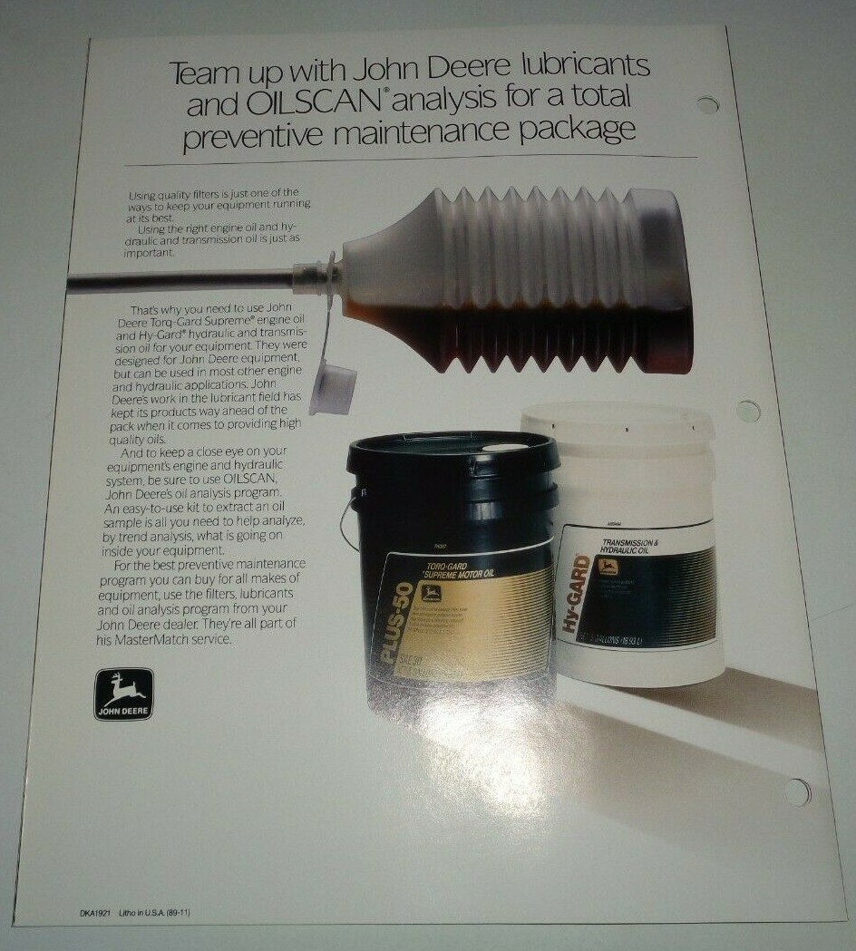 John Deere Crawler Tractor Backhoe Excavator FILTERS Sales Brochure JD 11/89