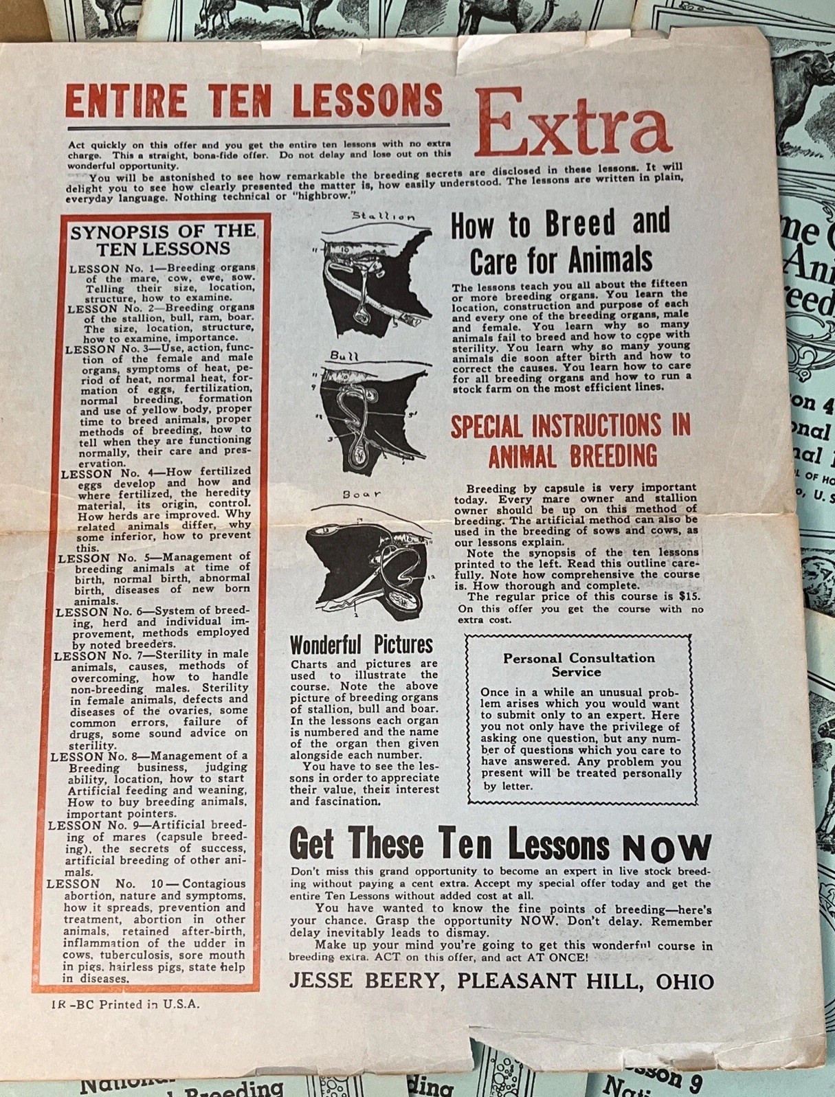 Vintage 1961 Beery School Horsemanship Animal Breeding Course – Partial Set