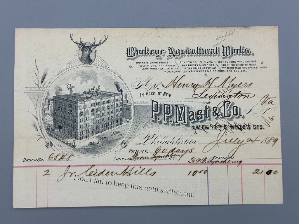 1889 BUCKEYE Agricultural Works PP Mast FARM ADVERTISING Recept WINDMILL on ROOF