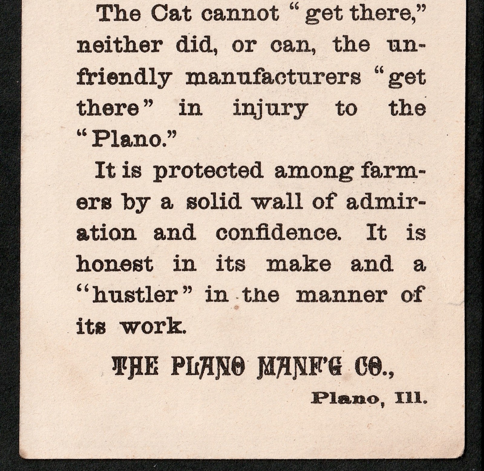 Odd Victorian Humor Cat & Mouse Farm Chase Plano Mfg Protection IL Trade Card LD