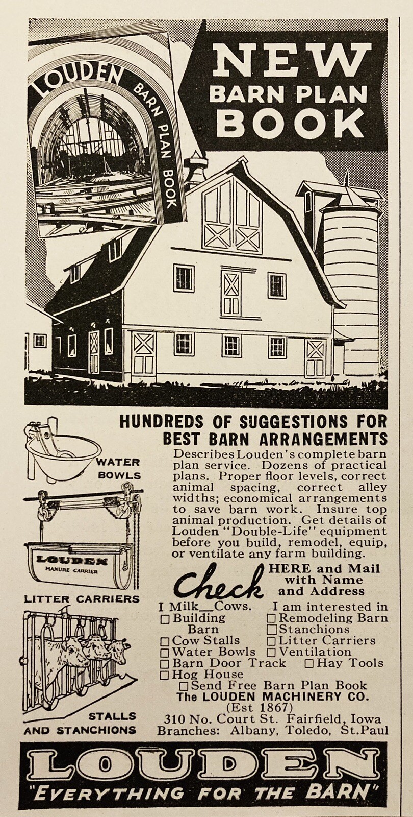 1937 AD.(XH81)~LOUDEN MACHINERY CO. FAIRFIELD, IOWA. BARN PLAN BOOK AD.