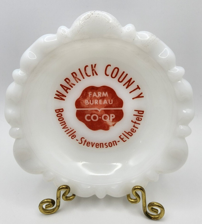 Vintage Anchor Hocking Milk Glass Ashtray Warrick County Farm Bureau Co-Op