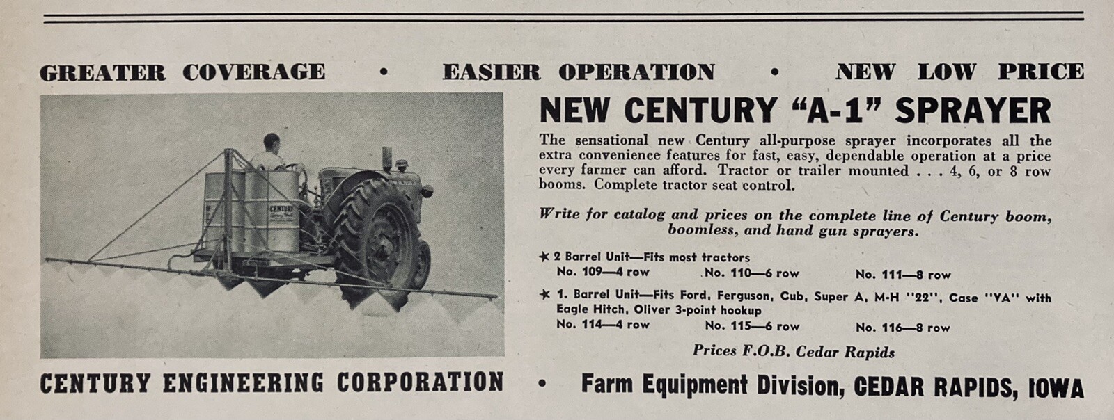 1953 AD.(XH21)~CENTURY ENGINEERING CO. CEDAR RAPIDS, IOWA. CENTURY “A-1” SPRAYER