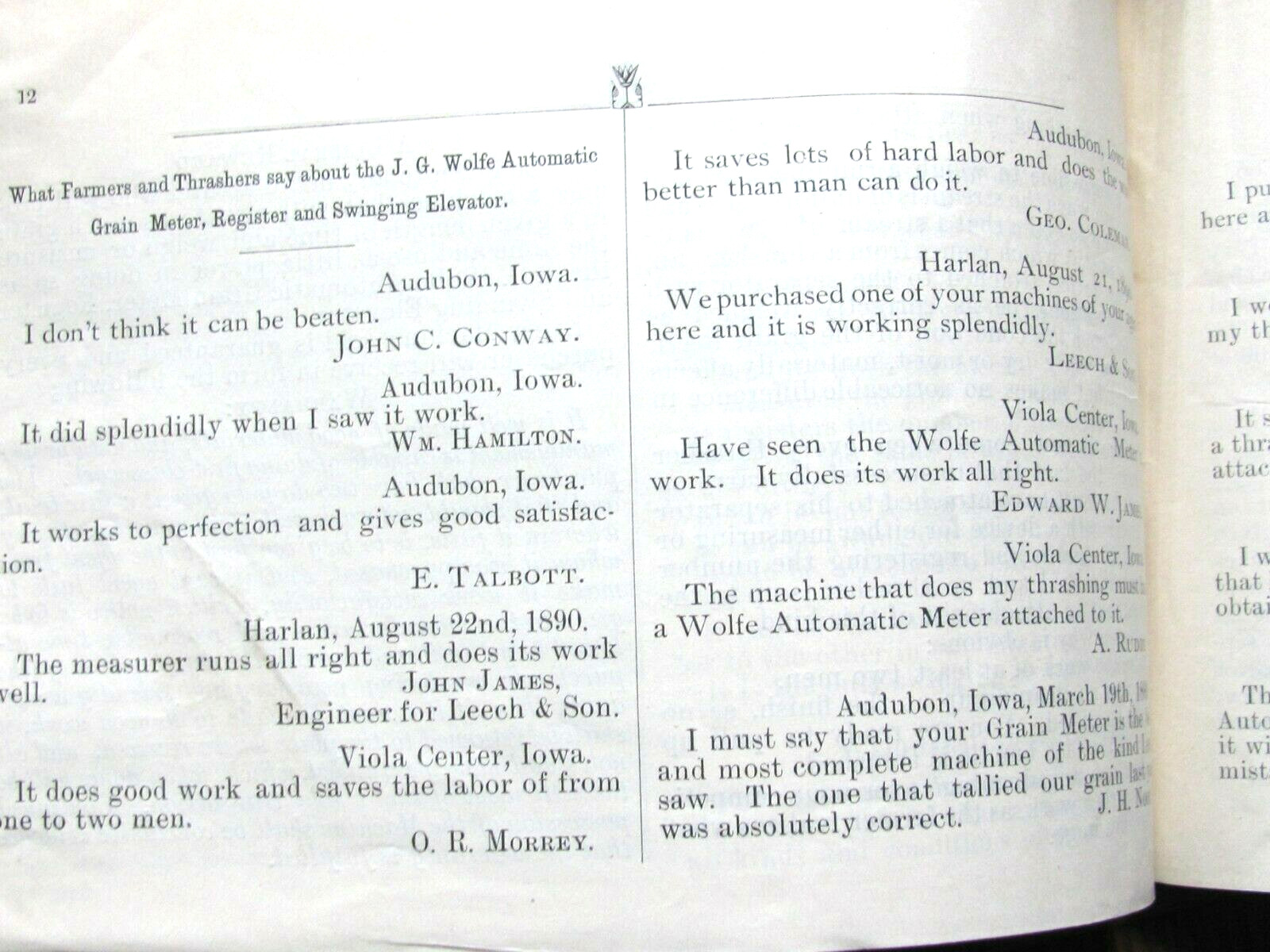 1893 FARM CATALOG J G WOLFE AUDUBON IOWA TRESHER ATTACHMENT ELEVATOR GRAIN METER