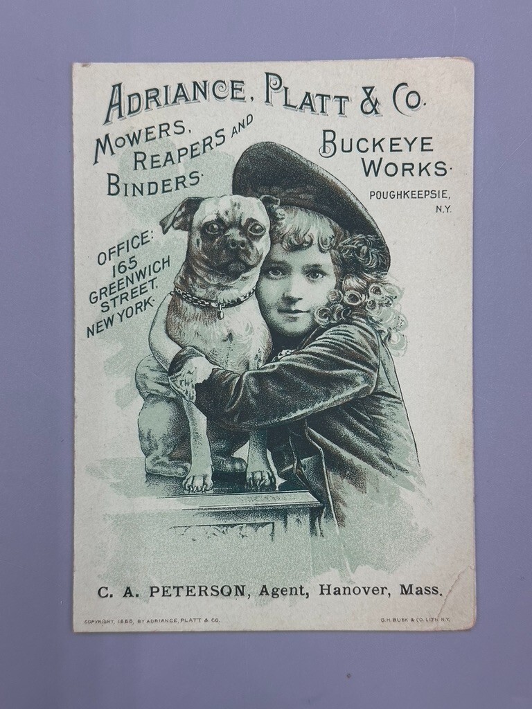 1889 Adriance Platt FARM MOWER Antique Advertising TRADE CARD Buckeye Works