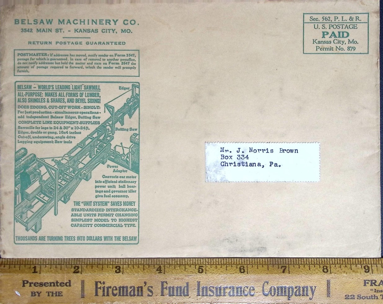 Vintage Belsaw Machinery Company Sawmill Advertising Mailing Envelope Missouri