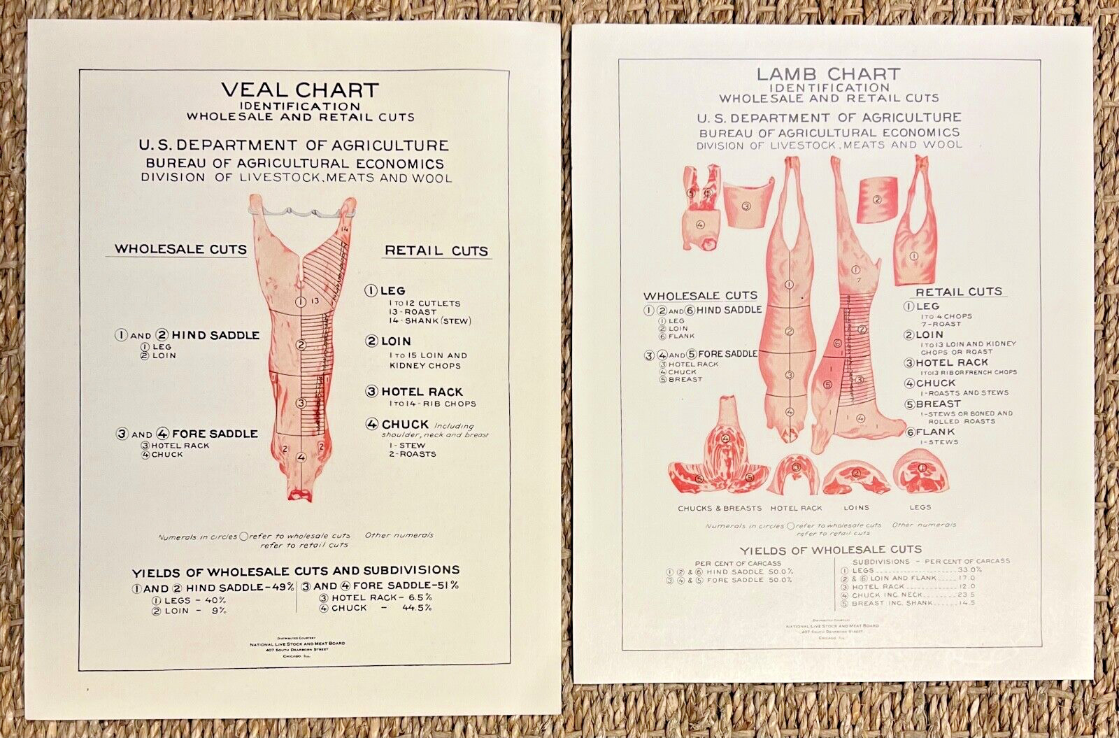 Vintage Original Department of Agriculture LAMB & VEAL Charts, Cuts & Uses