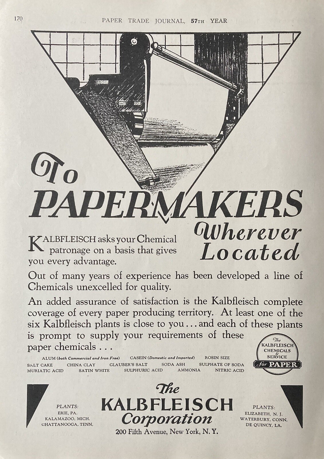 1929 AD.(XG20)~KALBFLEISCH CO. NYC. CHEMICAL SERVICES FOR PAPER INDUSTRY