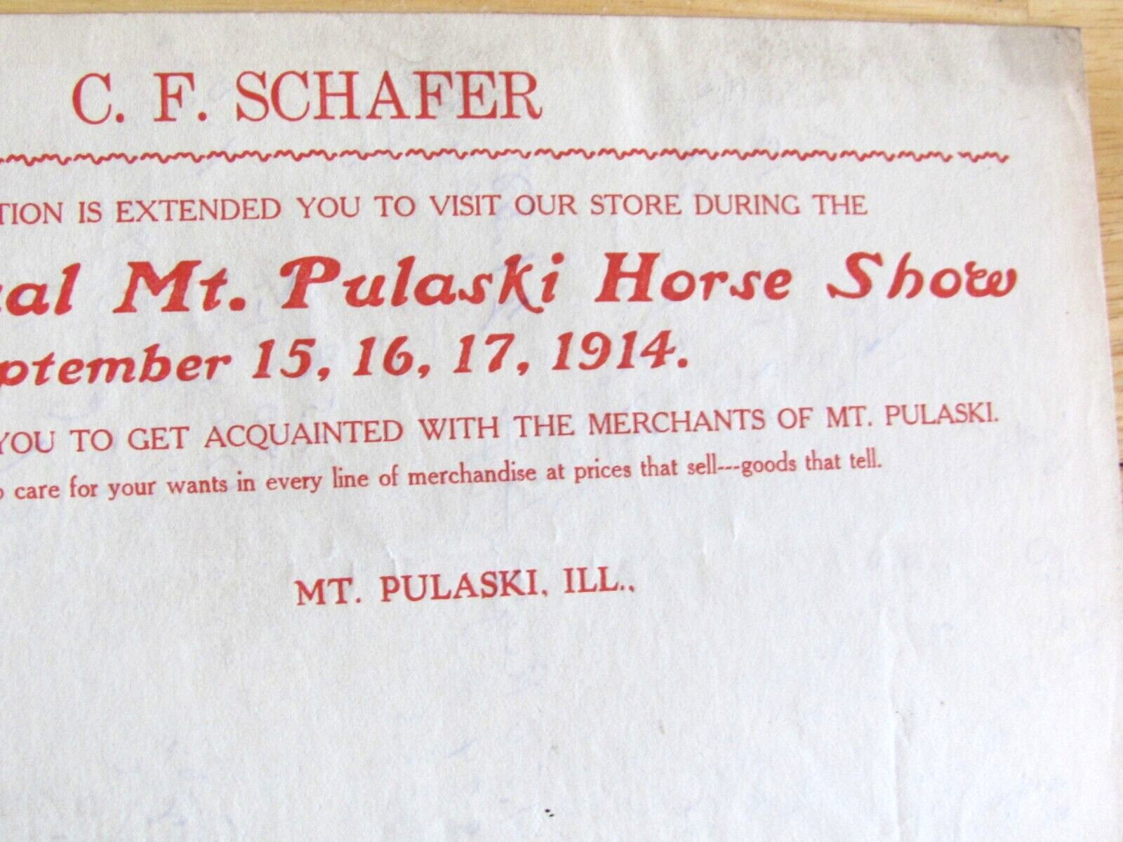 1914 MT PULASKI IL HORSE SHOW C F SCHAFER LETTER HARDWARE STORE FARM IMPLEMENT
