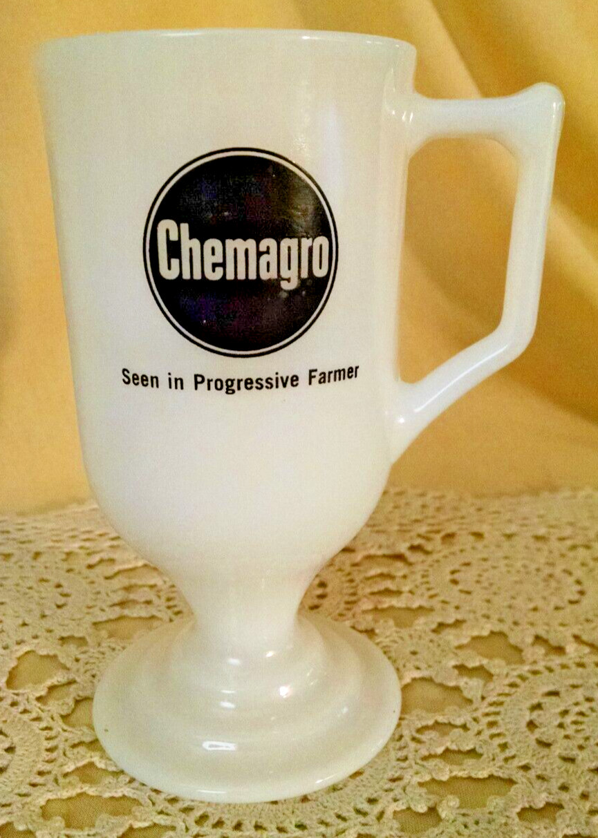 CHEMAGRO MUG WHITE MILK GLASS STEMMED GOBLET SEEN IN PROGRESSIVE FARMER CUP.