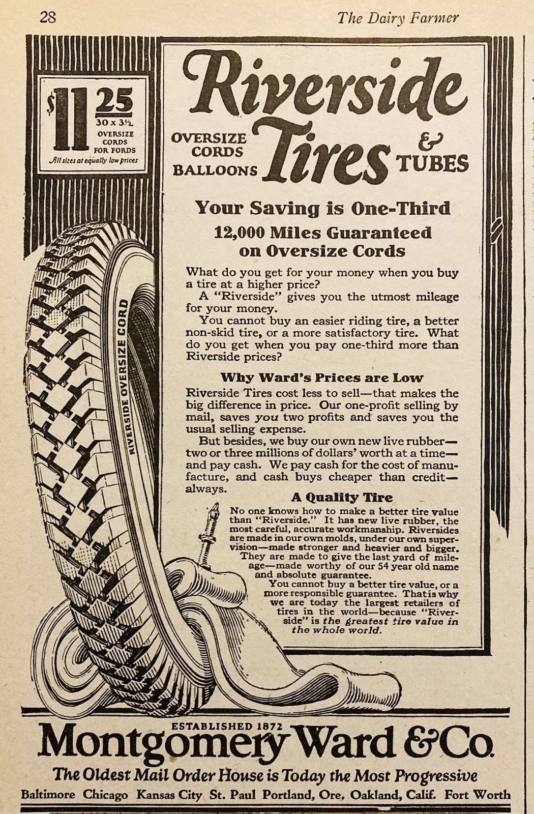 1926 AD.(XH82)~MONTGOMERY WARD CO. RIVERSIDE BALLOON TIRES