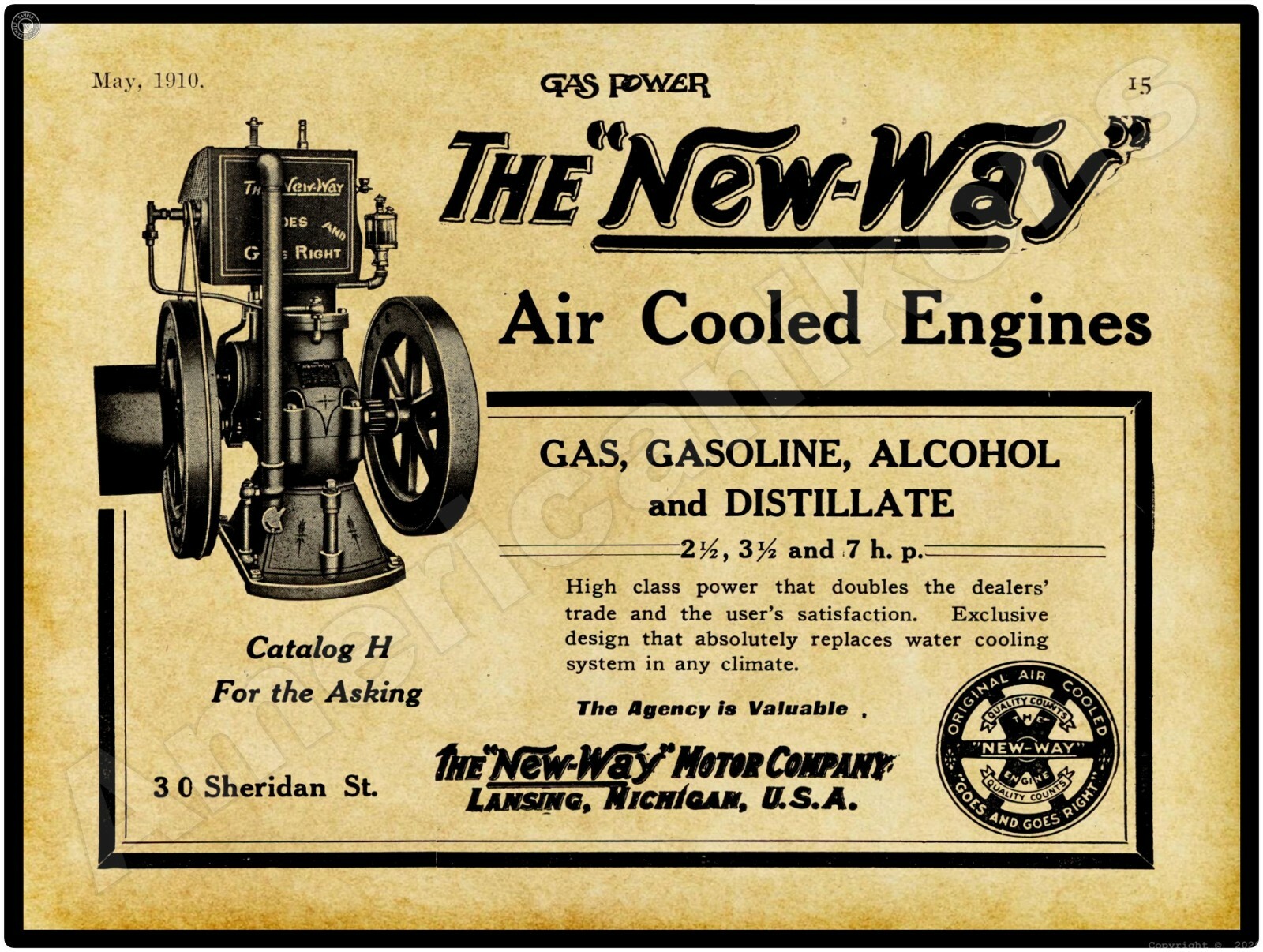 1910 New Way Motor Co. Air Cooled Gas Engines New Metal Sign: Lansing, Michigan