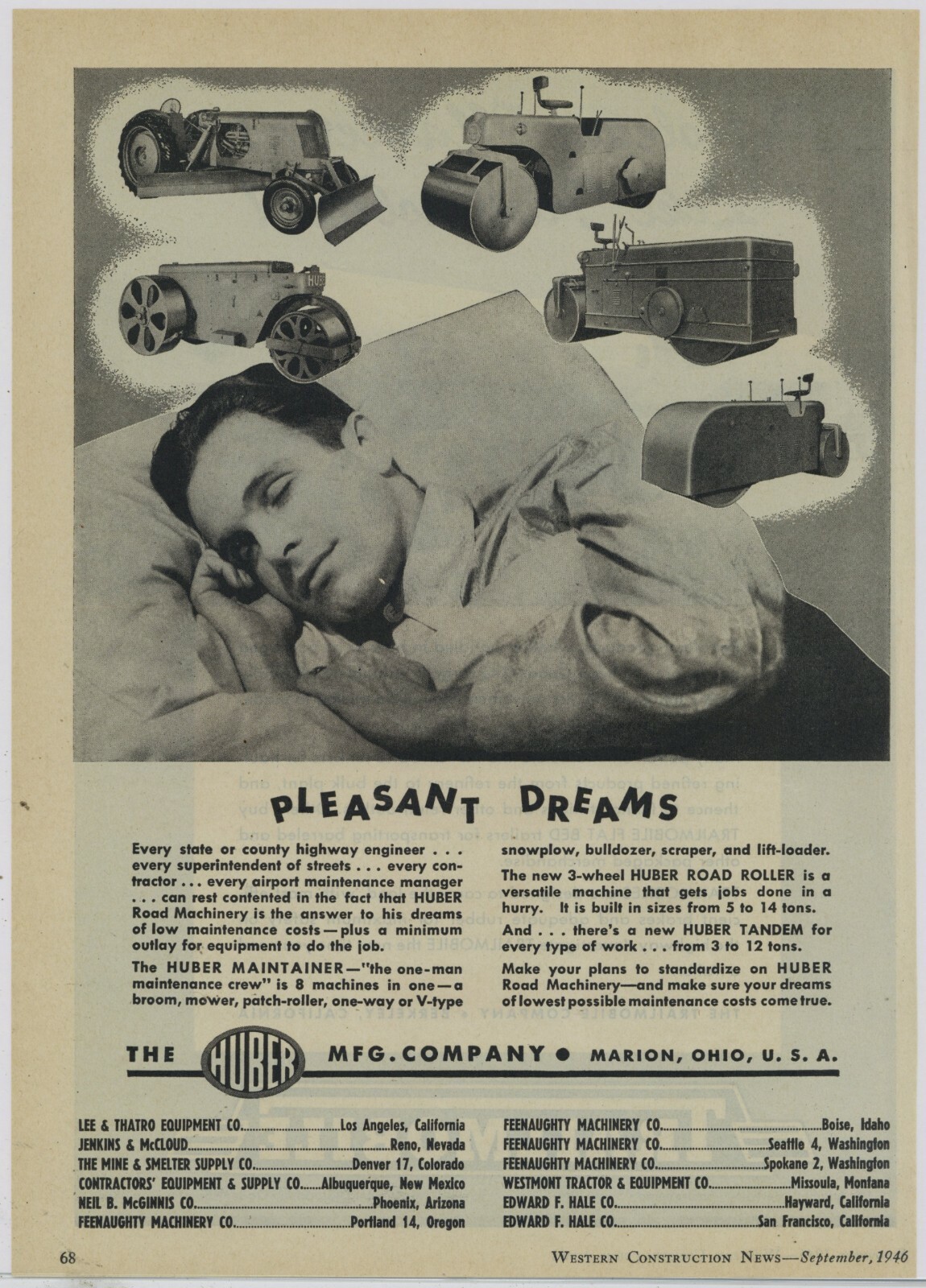 1946 Huber Mfg. Co. Ad: Huber Maintainer of Marion, OH, West Coast Dealer List –