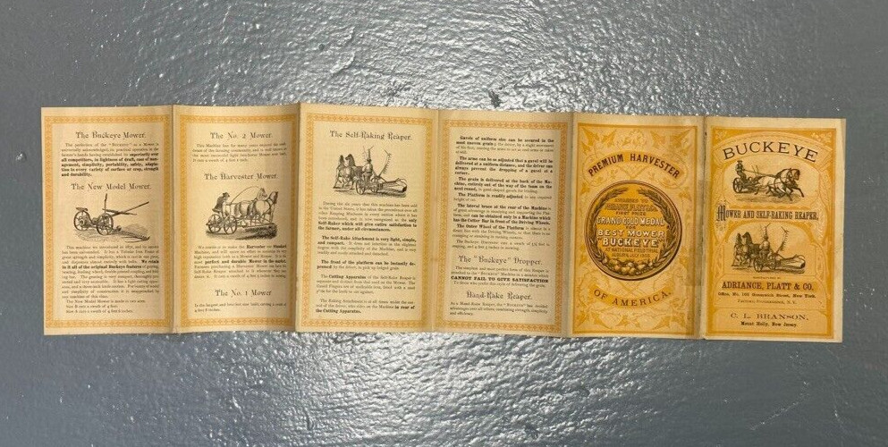 1873 BUCKEYE MOWER Adriance Platt FARM Advertising Trade Card Era MOUNT HOLLY NJ