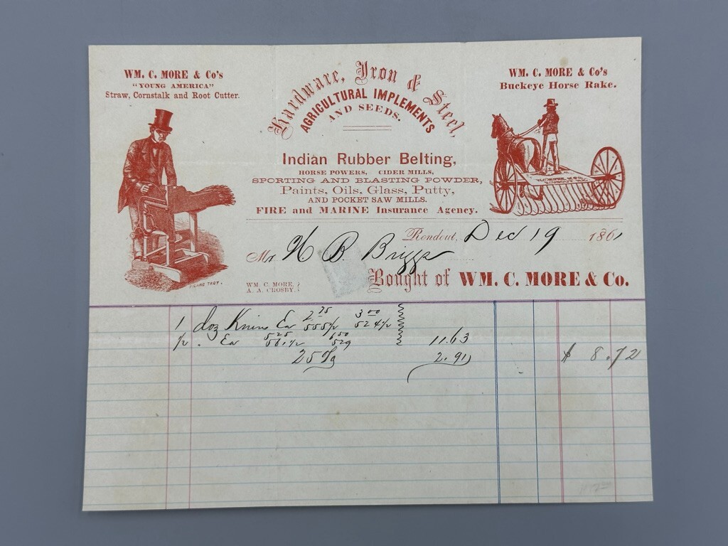 1861 Civil War Era KNIVES Billhead FARM Advertise RONDOUT NY Buckeye Horse Rake