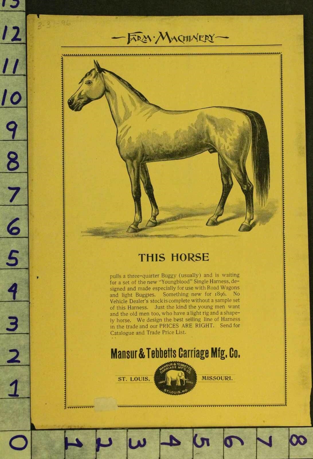 1896 AG FARM MANSUR EQUESTRIAN HORSE BUGGY CARRIAGE ST LOUIS BIRDSELL AD RR54