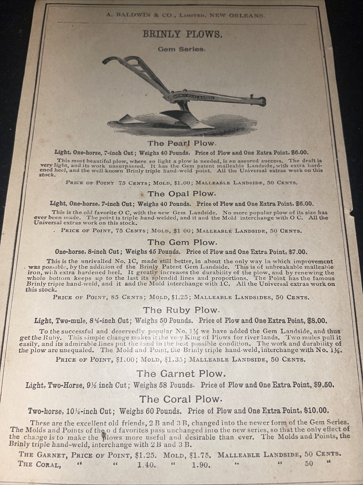 1891 Baldwin – Brinly Plow Farm Advertising – New Orleans – Louisiana