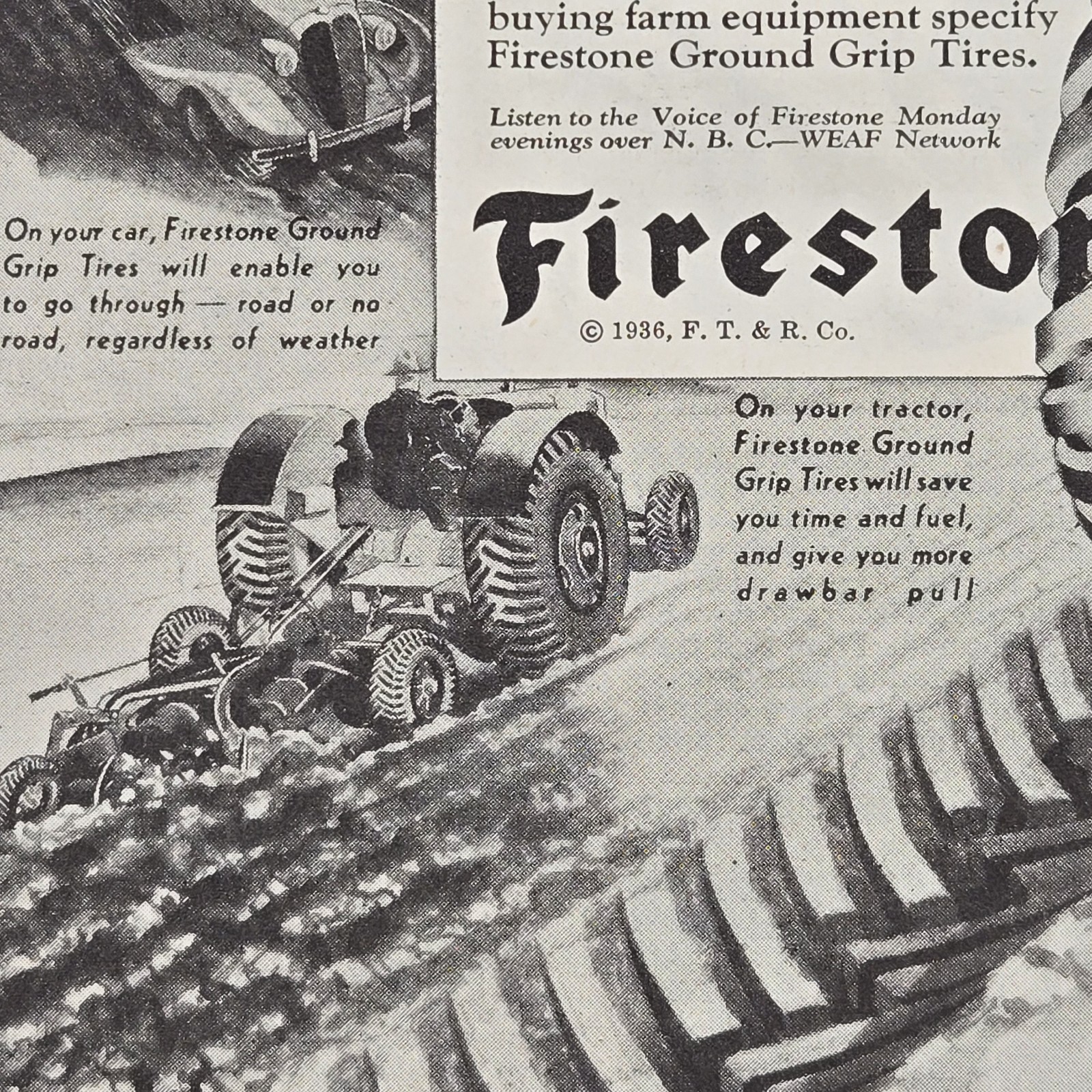 1936 Firestone Ground Grip Tires Hunting Farming Mudding Print Ad 8 x 11.5&Prime;