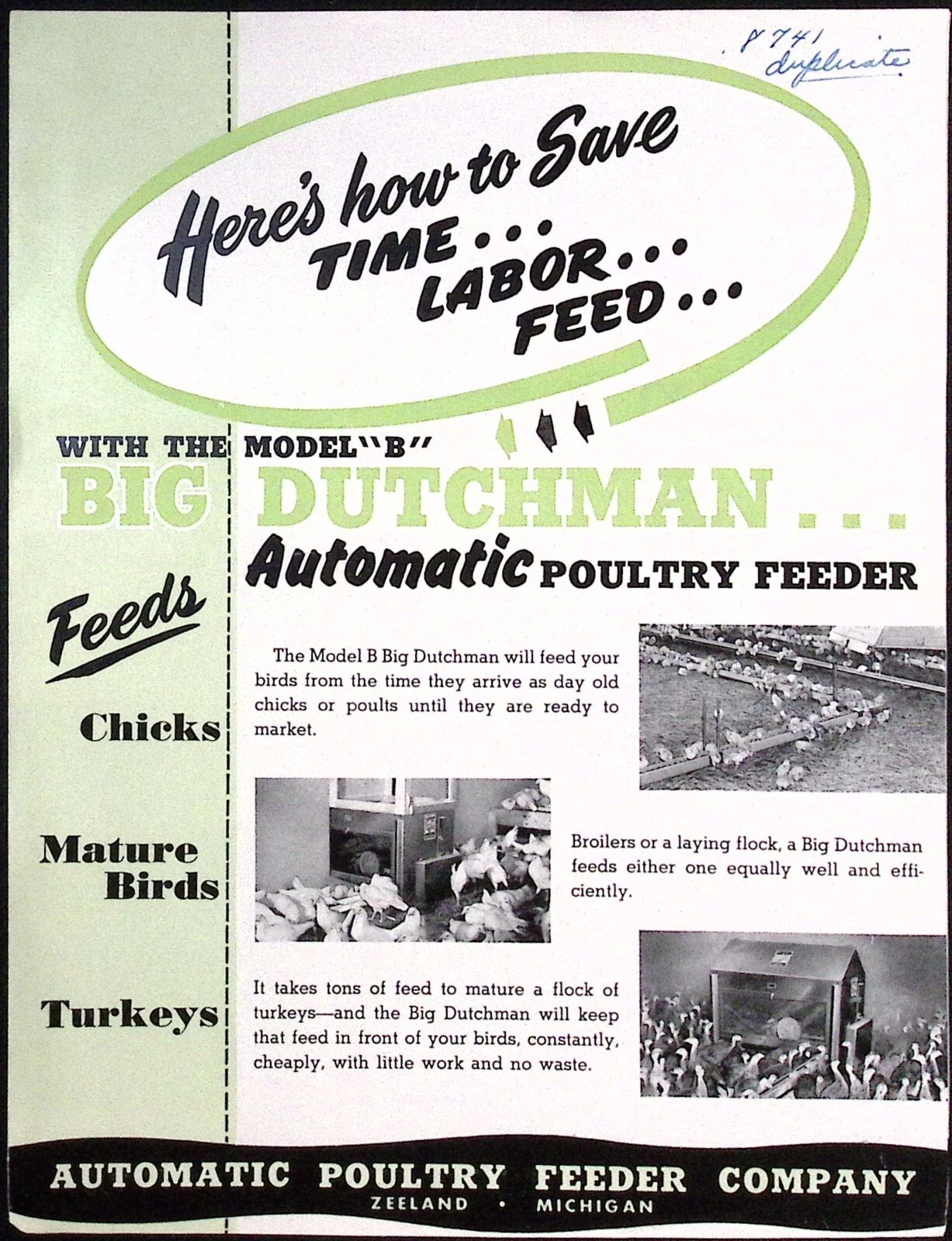 1950s Automatic Poultry Feeder Co Model B Big Dutchman Sales Brochure Zeeland MI