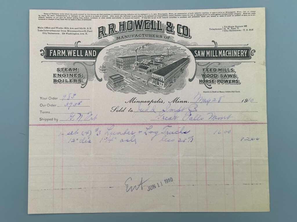 1910 Howell FARM, WELL & SAW MILL MACHINERY Advertising Billhead MINNEAPOLIS