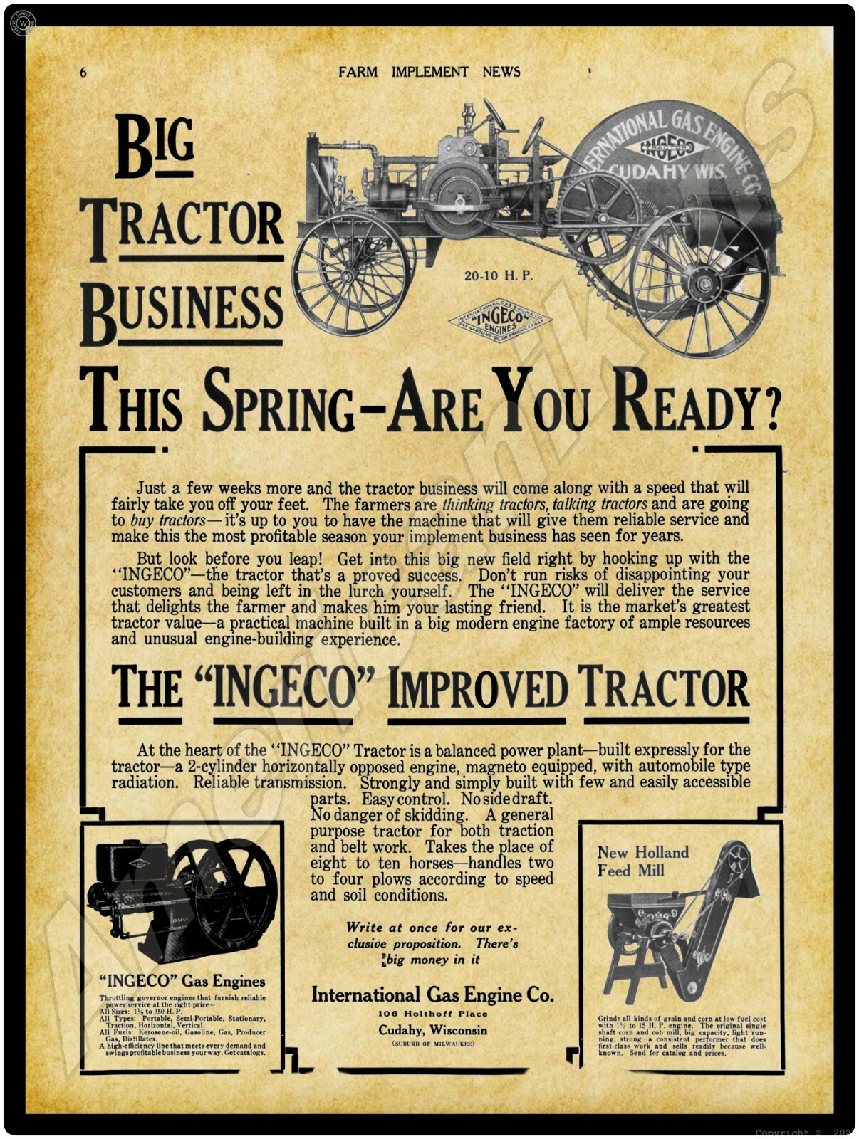 1916 International Gas Engines INGECO New Metal Sign: Large Size – 12 x 16