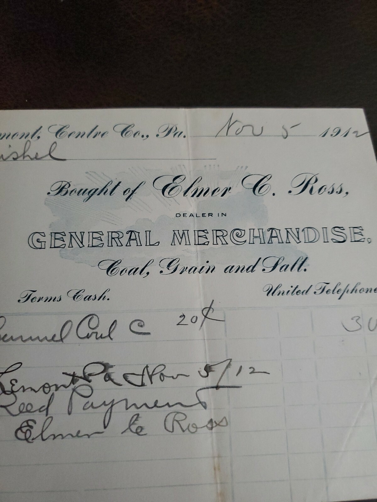 Vntg 1900s Lemont Pa Centre Co Elmer Ross General Store Recpt Coal Grain Salt