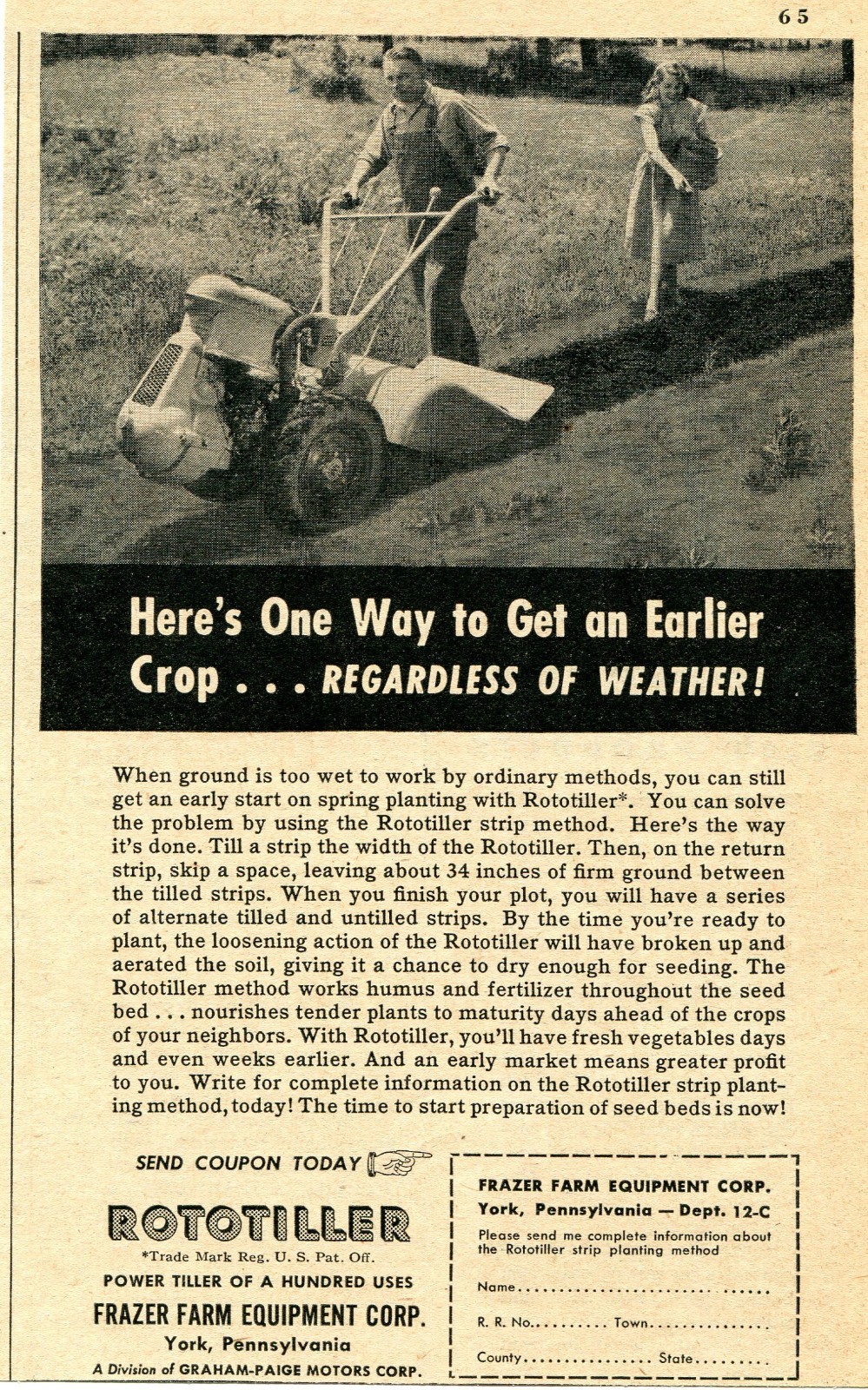 1948 small Print Ad of Frazer Farm Equipment Rototiller