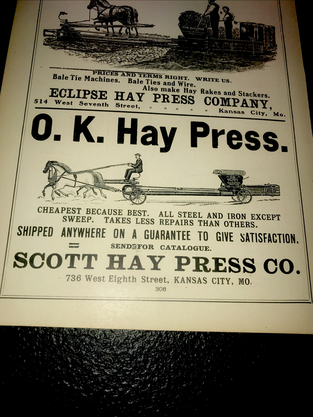 1905 Eclipse – O.K. – Admiral Hay Press Farm Advertising – Kansas City Missouri