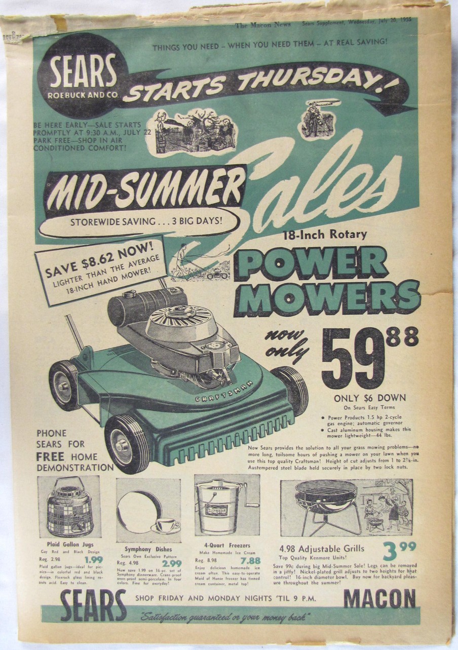Vintage 1955 Sears DUNLAP Lawn Mower Newspaper Print Ad