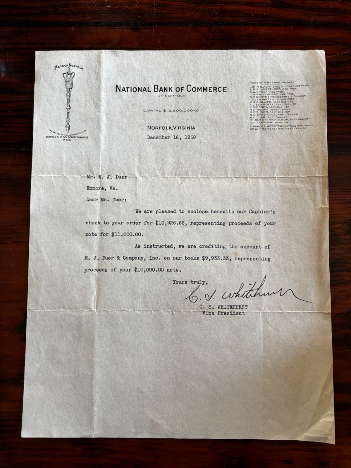 National Bank of Commerce Norfolk Letter to MJ Duer Co ESVA Farm Agriculture Adv
