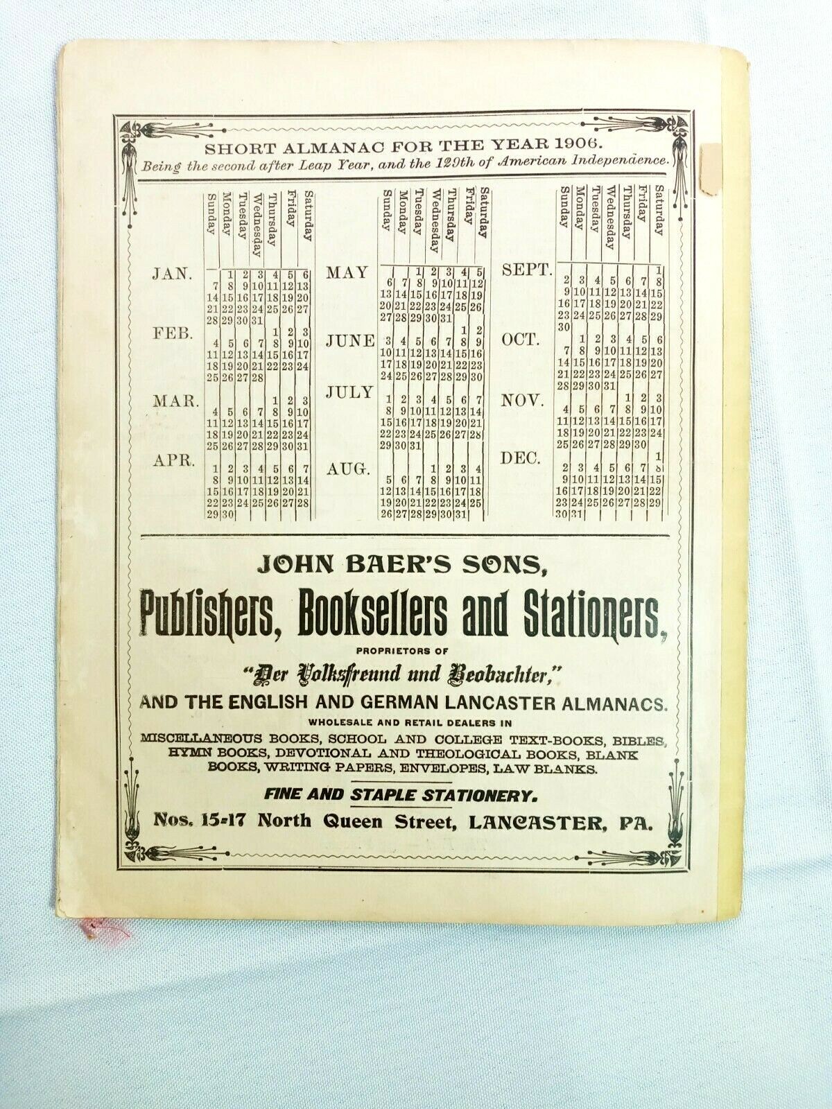 Vintage 1906 John Bear Baer&rsquo;s Agricultural Almanac Lancaster, PA Antique Farmers