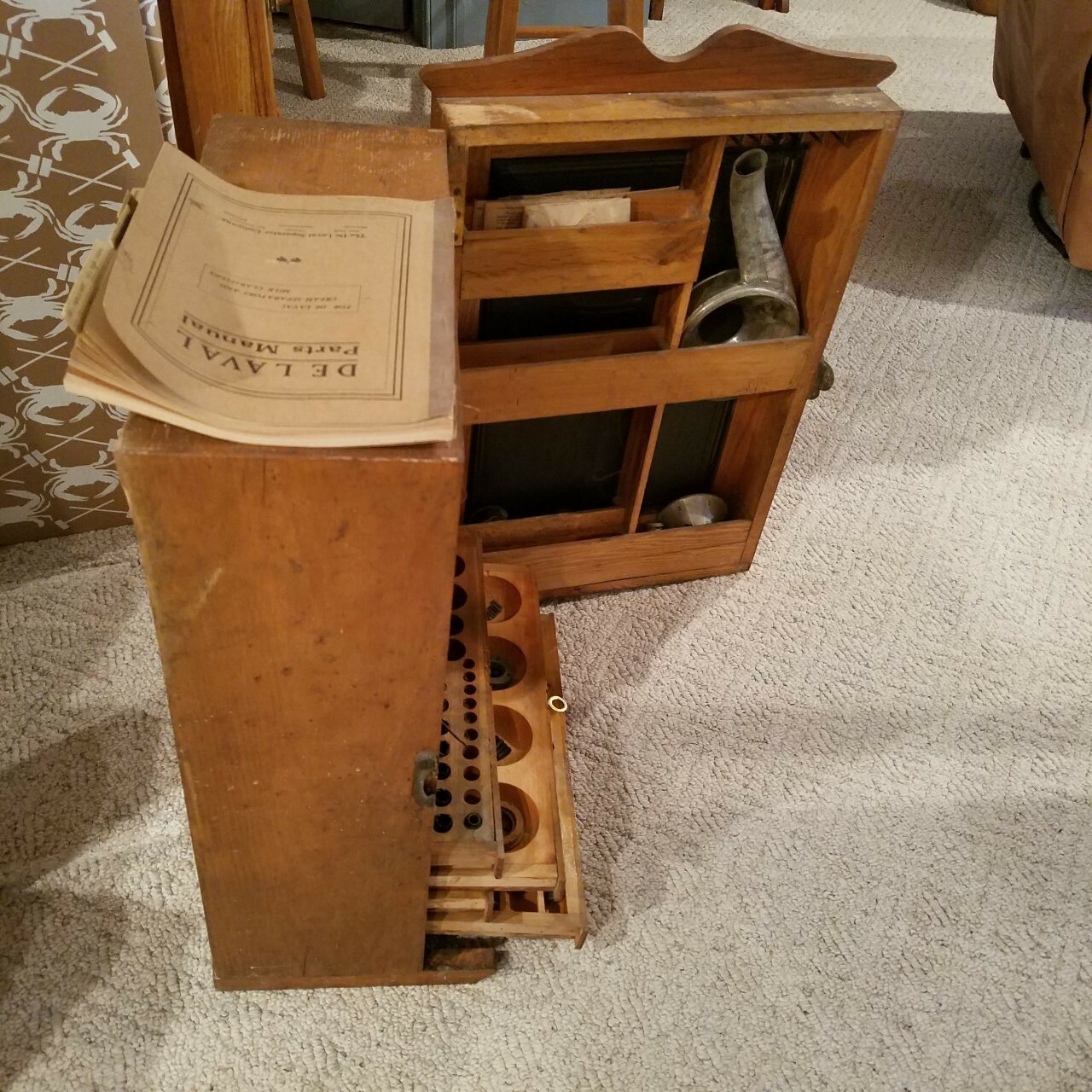 ANTIQUE DE LAVAL CREAM SEPARATORS AMERICAN OAK PARTS CABINET, W/ ORIGINAL PARTS