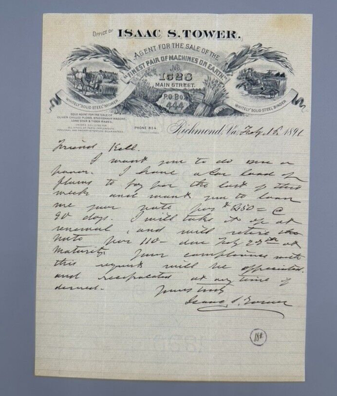 1891 WHITELY MOWER Binder FARM Advertising Isaac Tower Letter RICHMOND Virginia
