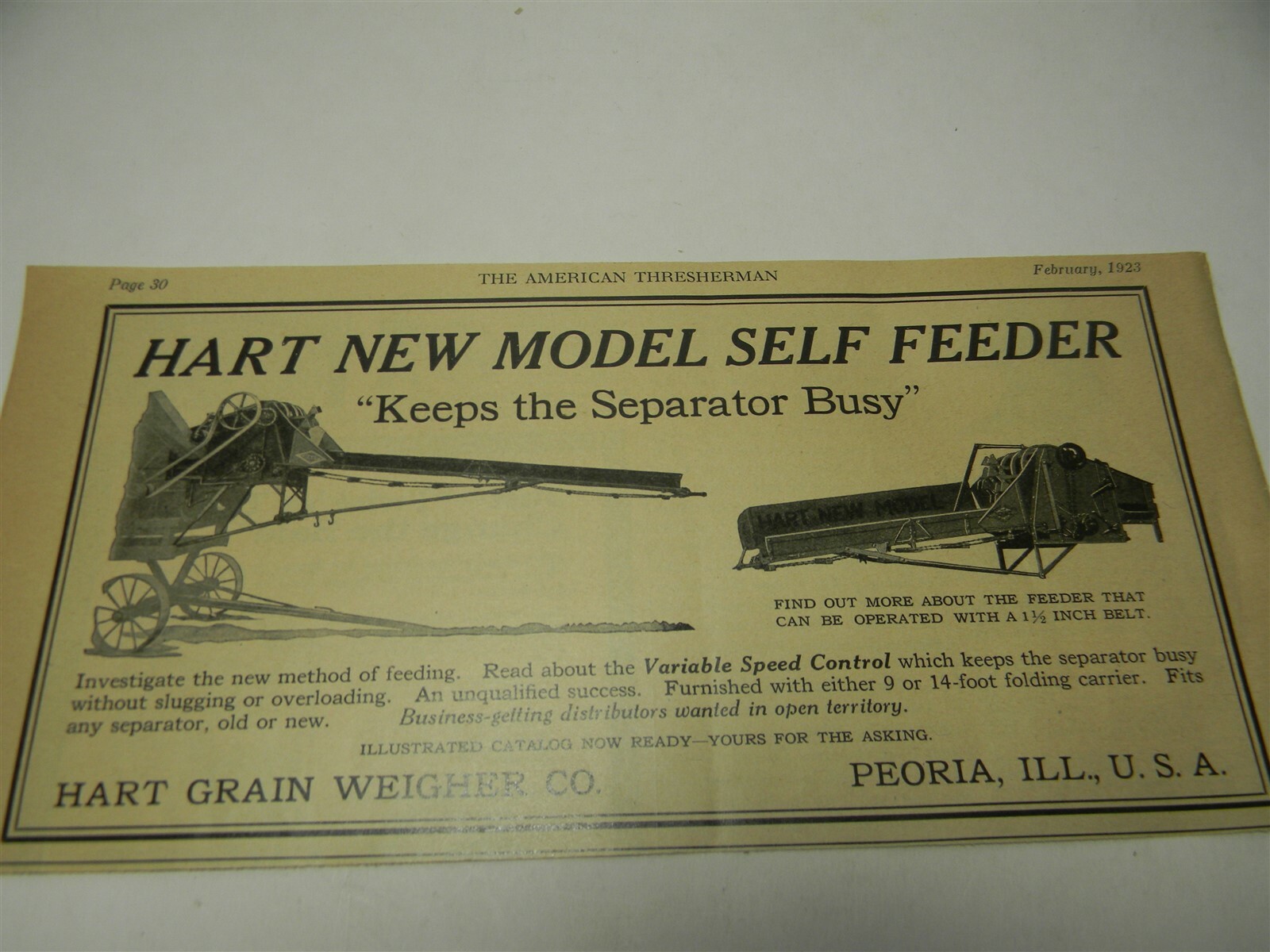 Vintage 1920s Hart Grain Weigher Co. Peoria Ill. Man Cave Farming Print Ad – 8O