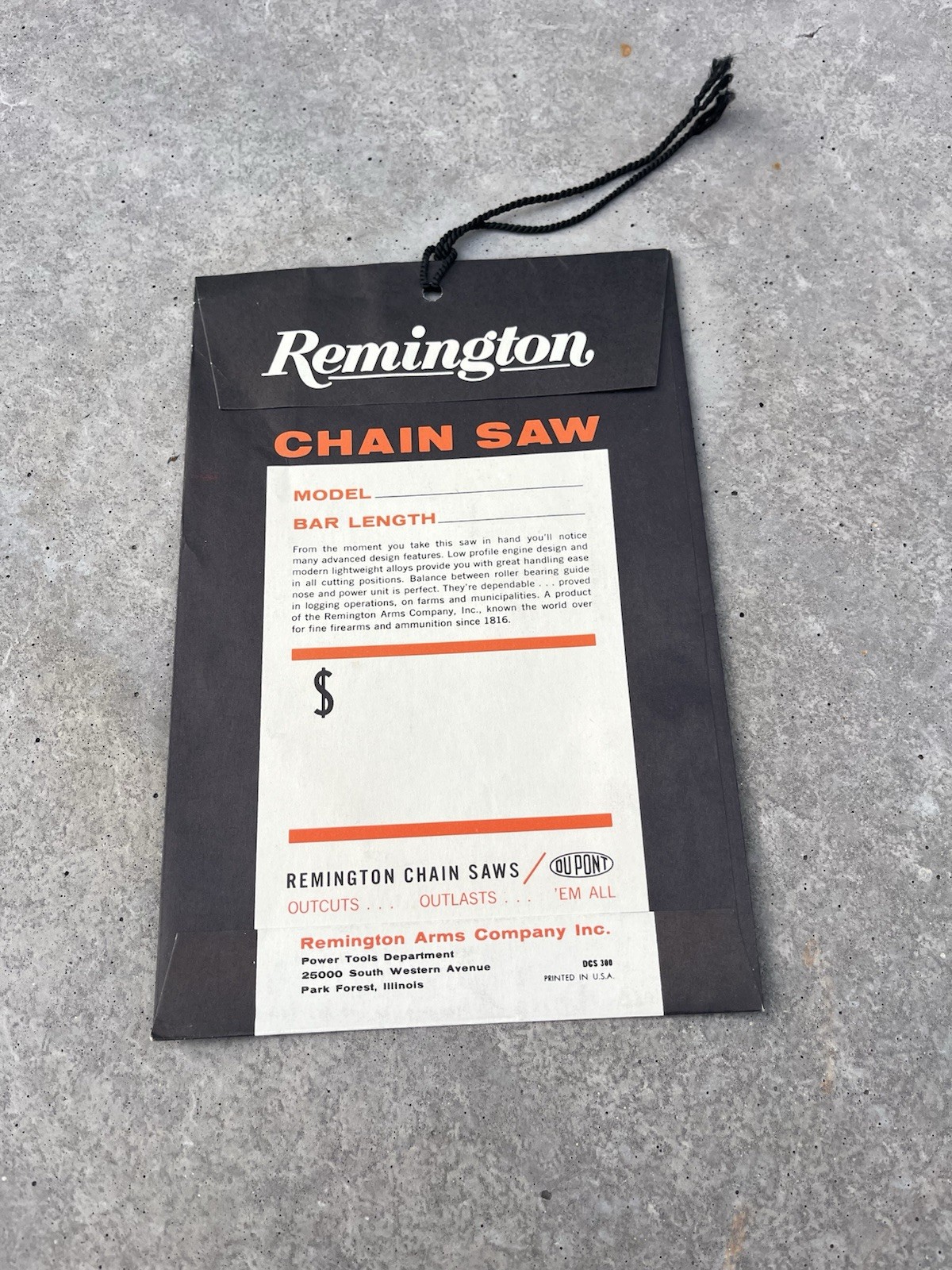 VTG Remington Unused Chain Saw Hang Price Model Tag DuPont 50’s 60’s USA 6”x9”