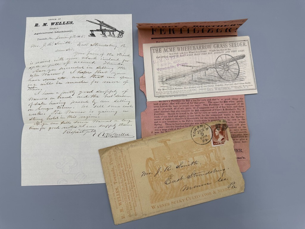 1885 WARNER CULTIVATOR Farm TOWANDA PA Postal Cover ACME WHEELBARROW Advertising