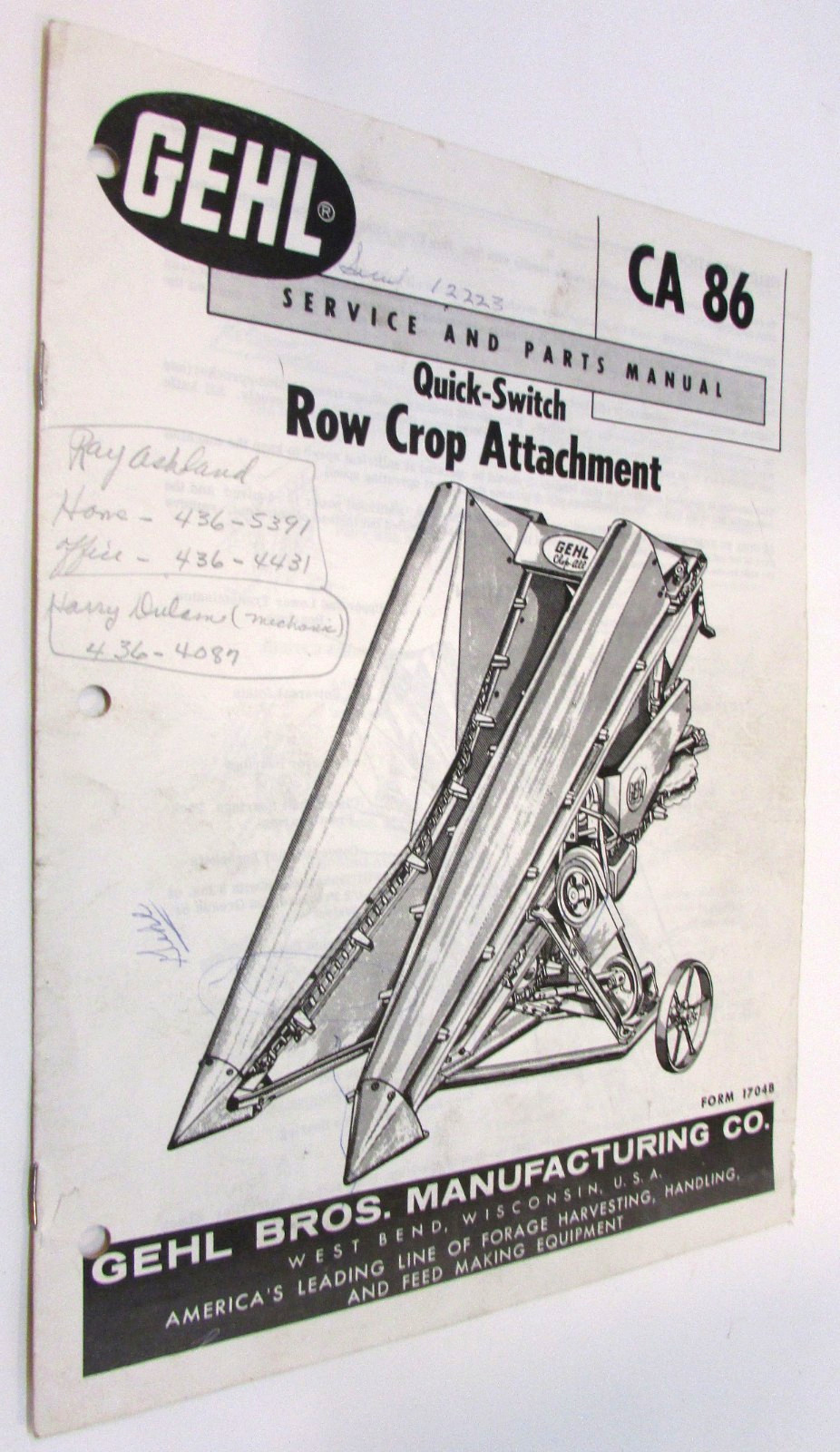 Vintage Gehl Brothers Mfg West Bend WI Quick Switch Row Crop Attachment Manual