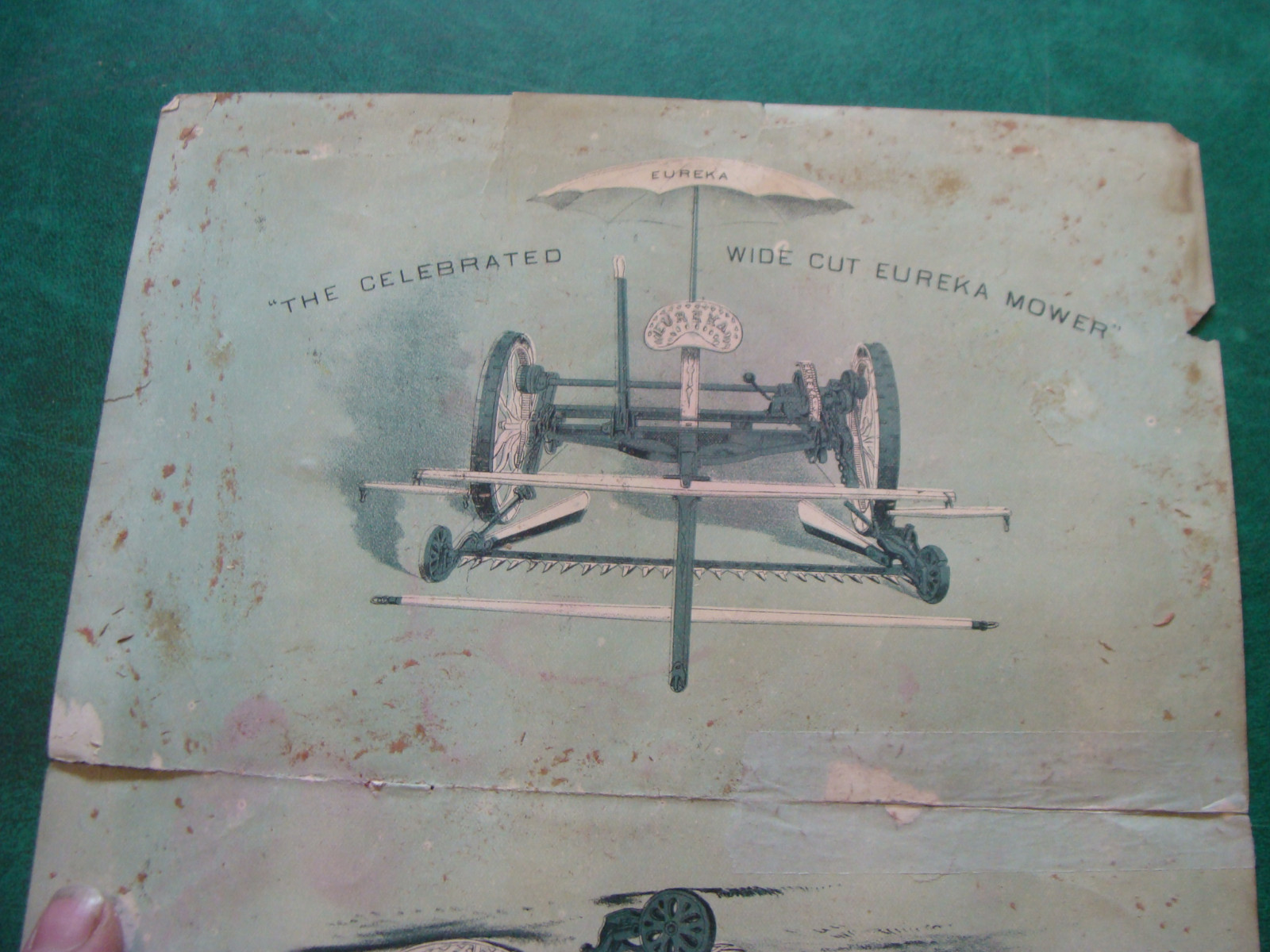EUREKA MOWER trade card, DOUBLE SIZE & SIDED; taped as shown