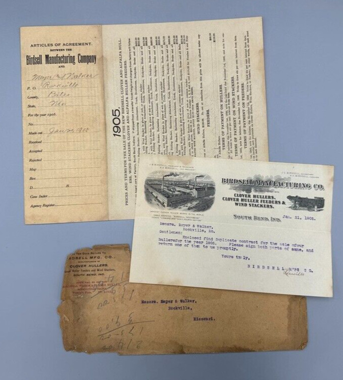 1905 BIRDSELL Clover Huller CONTRACT Letter FARM Advertising SOUTH BEND Indiana