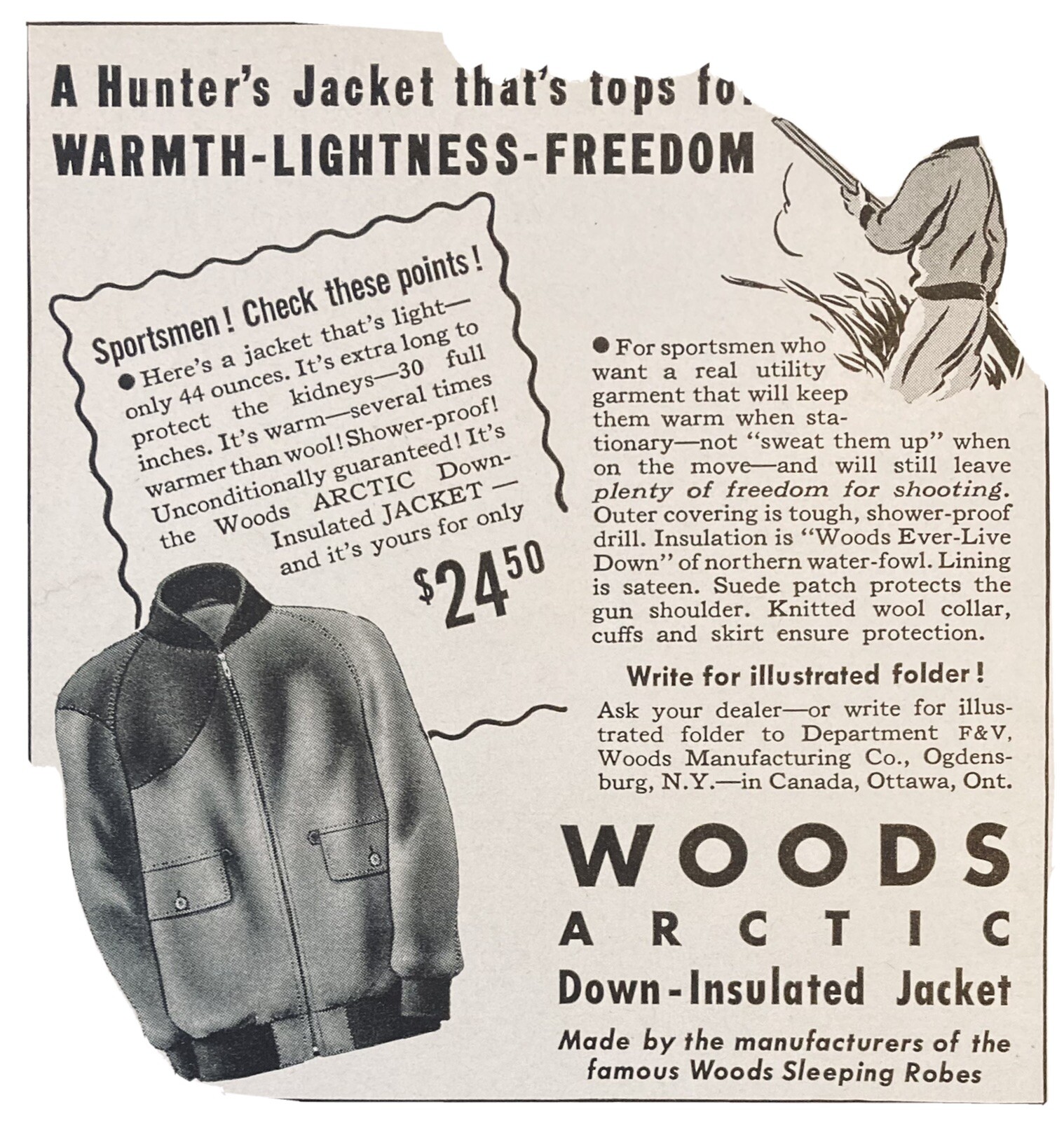 1942 AD.(XG25)~WOODS MFG. CO. OGDENSBURG, NY. WOODS ARCTIC DOWN INSULATED JACKET