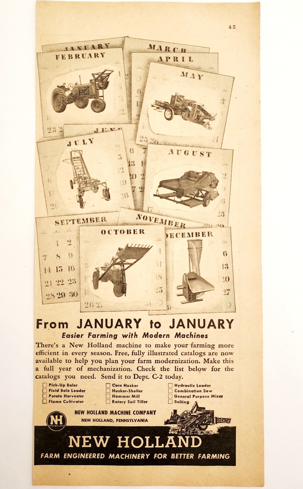 1947 New Holland Farm Machine Calendar Tractors Advertisement Agriculture DWNN22