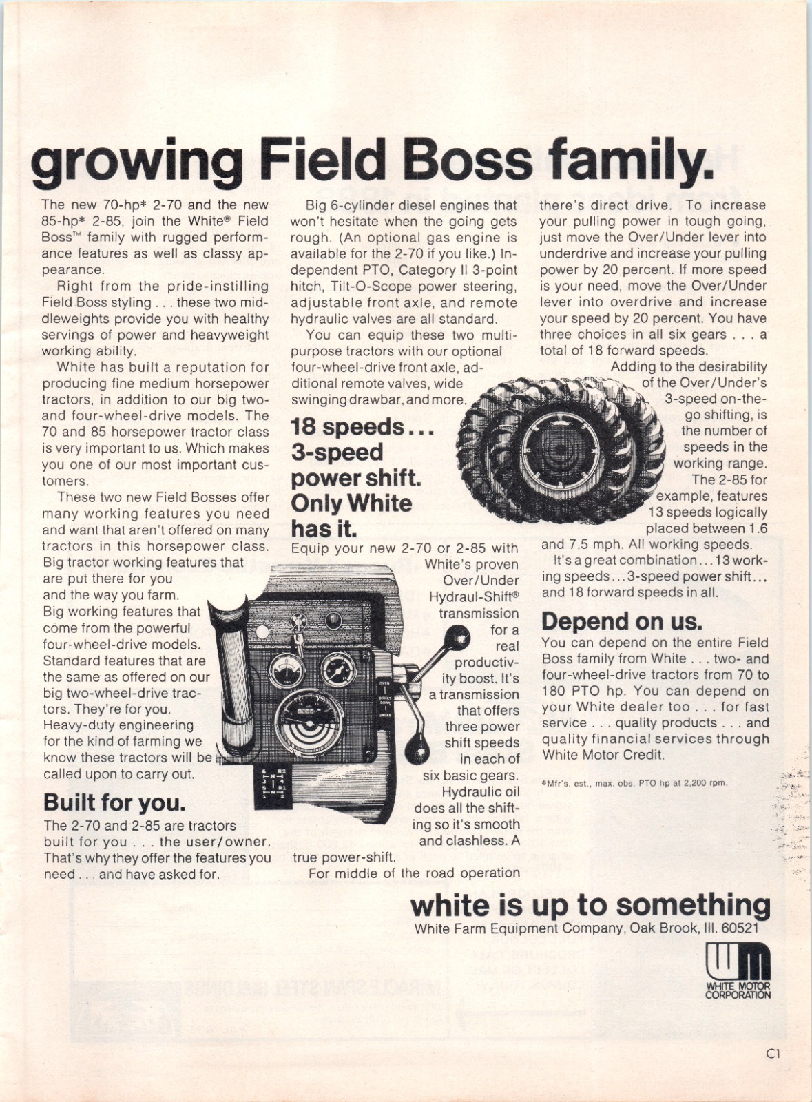 1979 White Farm Equipment 2-70 2-85 Field Boss Tractor 70&rsquo;s 2-Page Print Ad