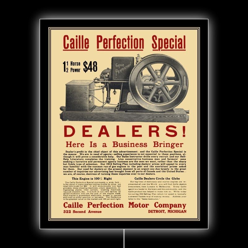 1912 Caille Perfection Motor of Detroit, MI NEW LED Hanging Lighted Sign: 18×23&Prime;