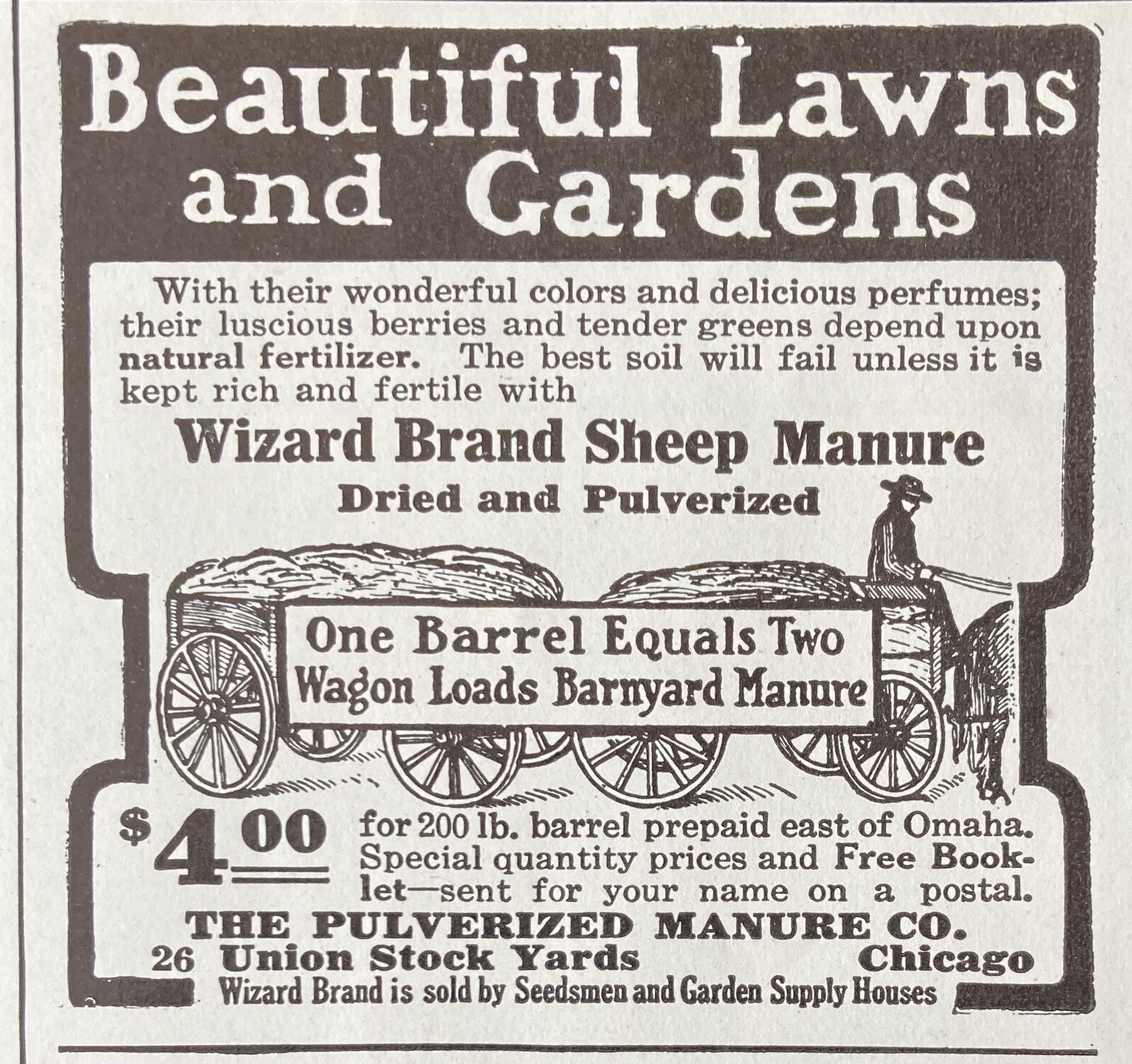 1913 AD.(XH5)~PULVERIZED MANURE CO. CHICAGO. WIZARD BRAND SHEEP MANURE