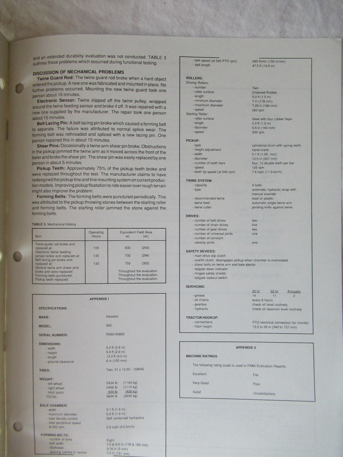 1990 Hesston 560 Round Baler Evaluation Report Data Brochure