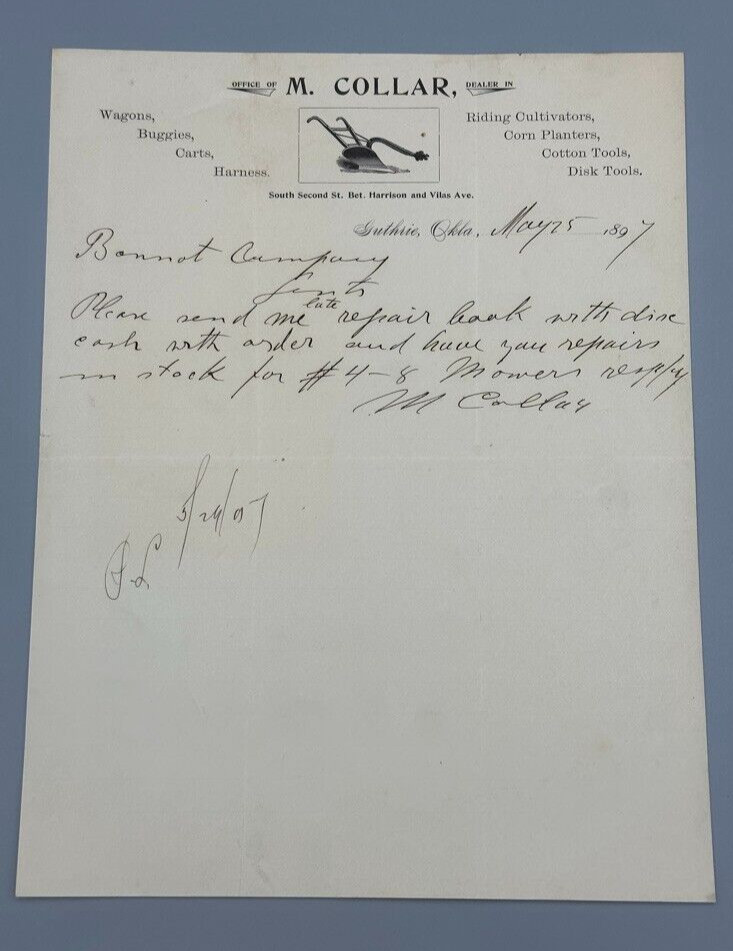 1897 COLLAR PLOW Buggies WAGONS Farm Advertising Letterhead Antique GUTHRIE OK